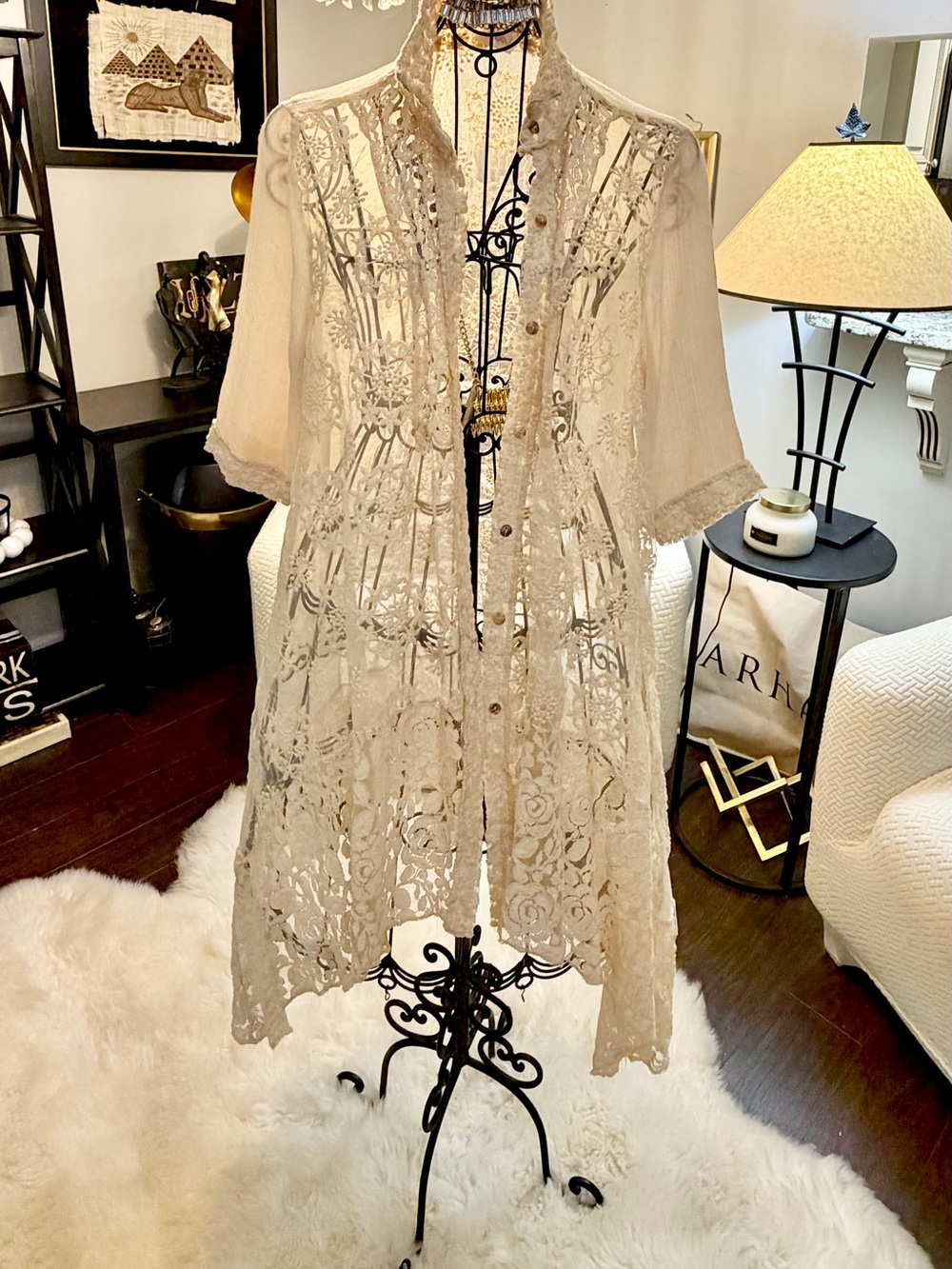 Sheer Lace Button-Front Dress - Cream